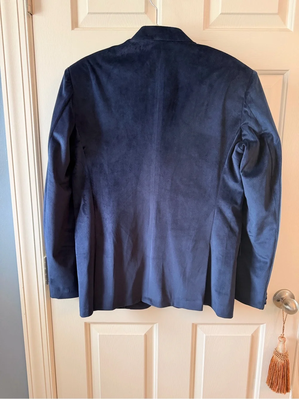 Navy Velvet Mandarin-Collar Blazer with Pocket Square